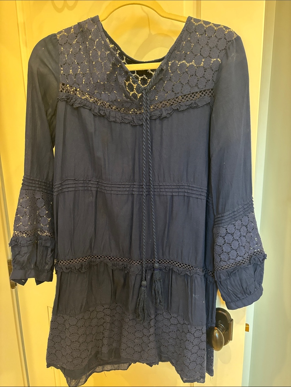French Connection Navy Crochet-Trim Long Sleeve Dress